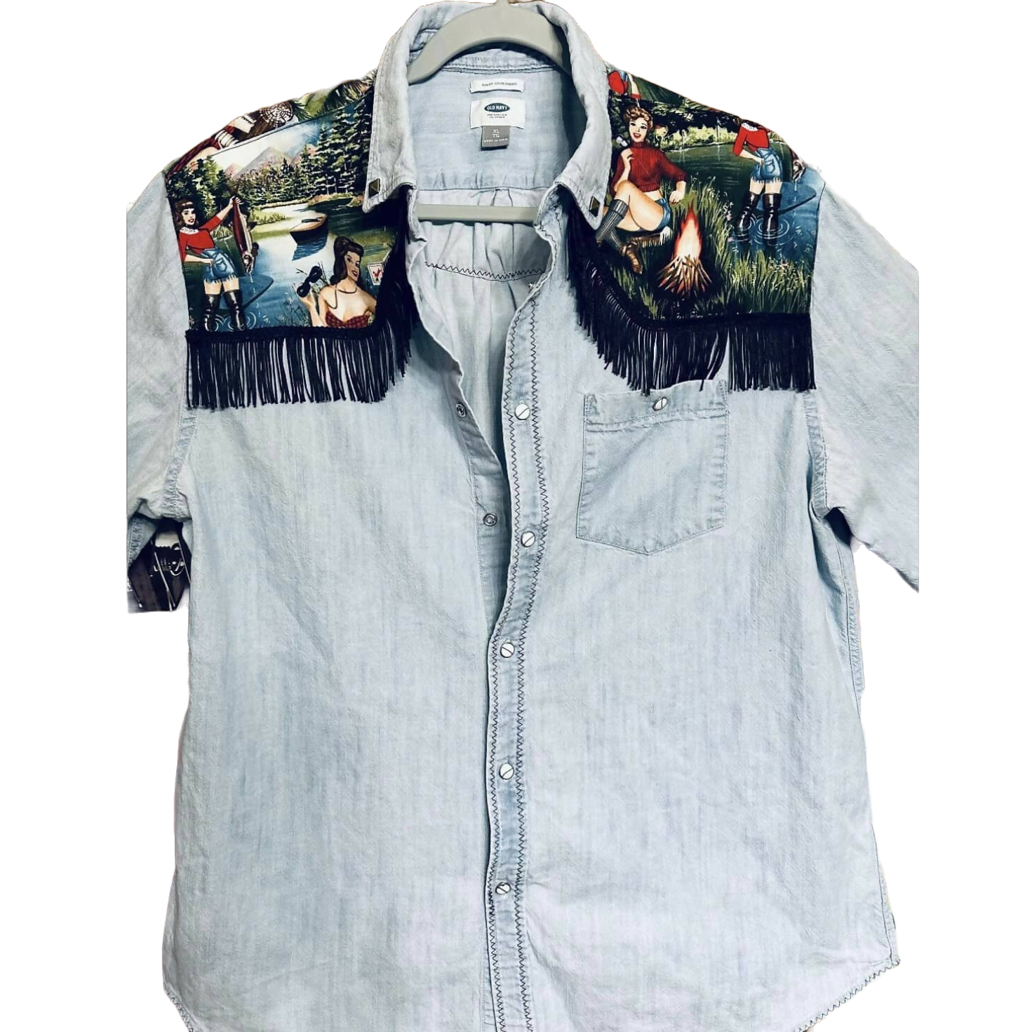 Western Shirt Embellished with Alexander Henry Fabric, Fringe and Pearl Snaps
