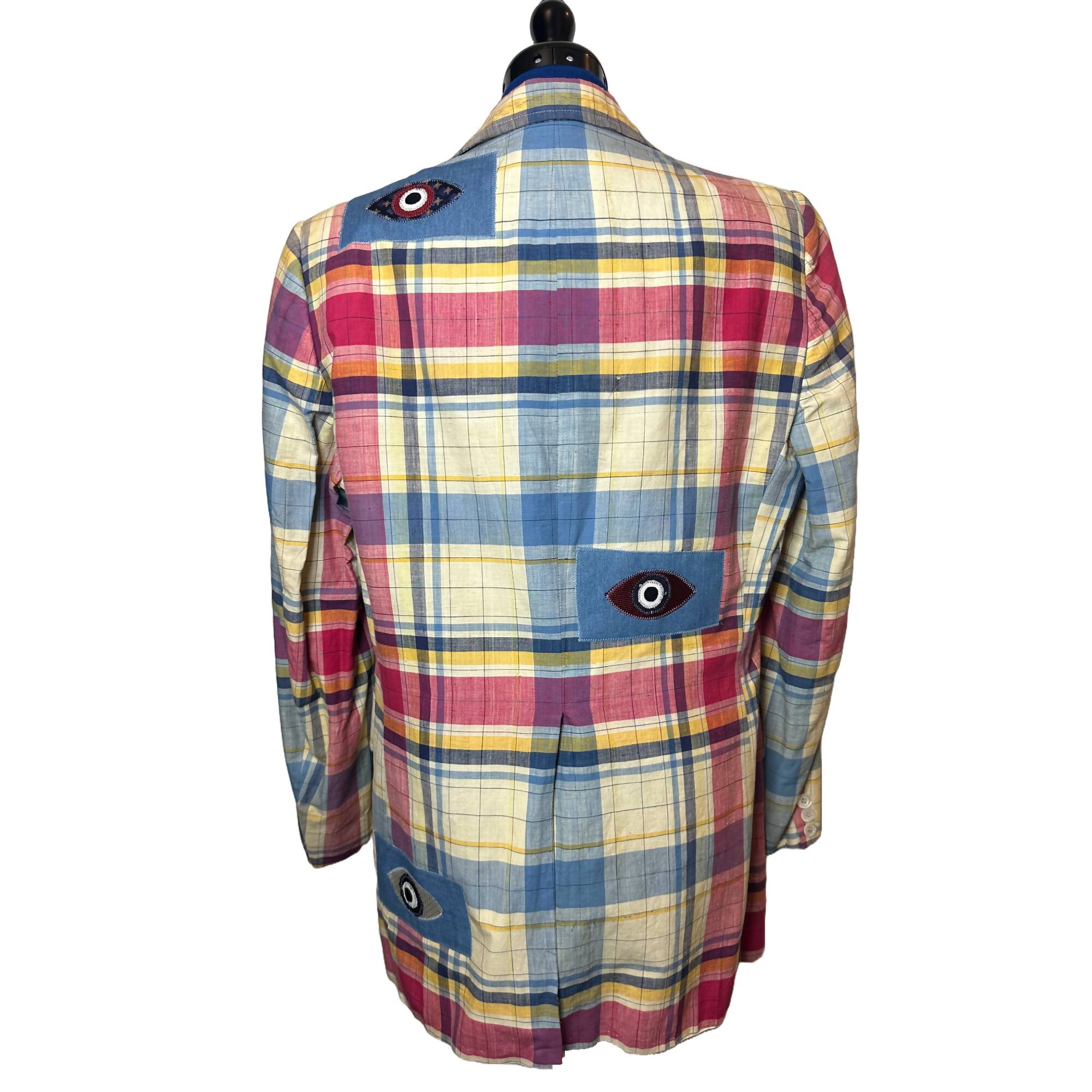 Vintage Raw Silk Plaid Blazer with Silk Eyes Patches