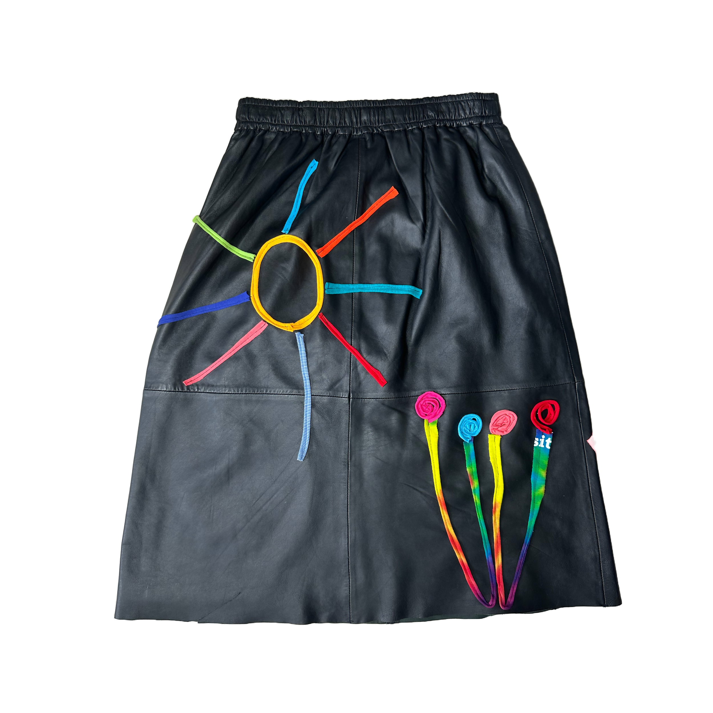 Blue Greenie Leather Skirt with T-Shirt Drawing Upcycle