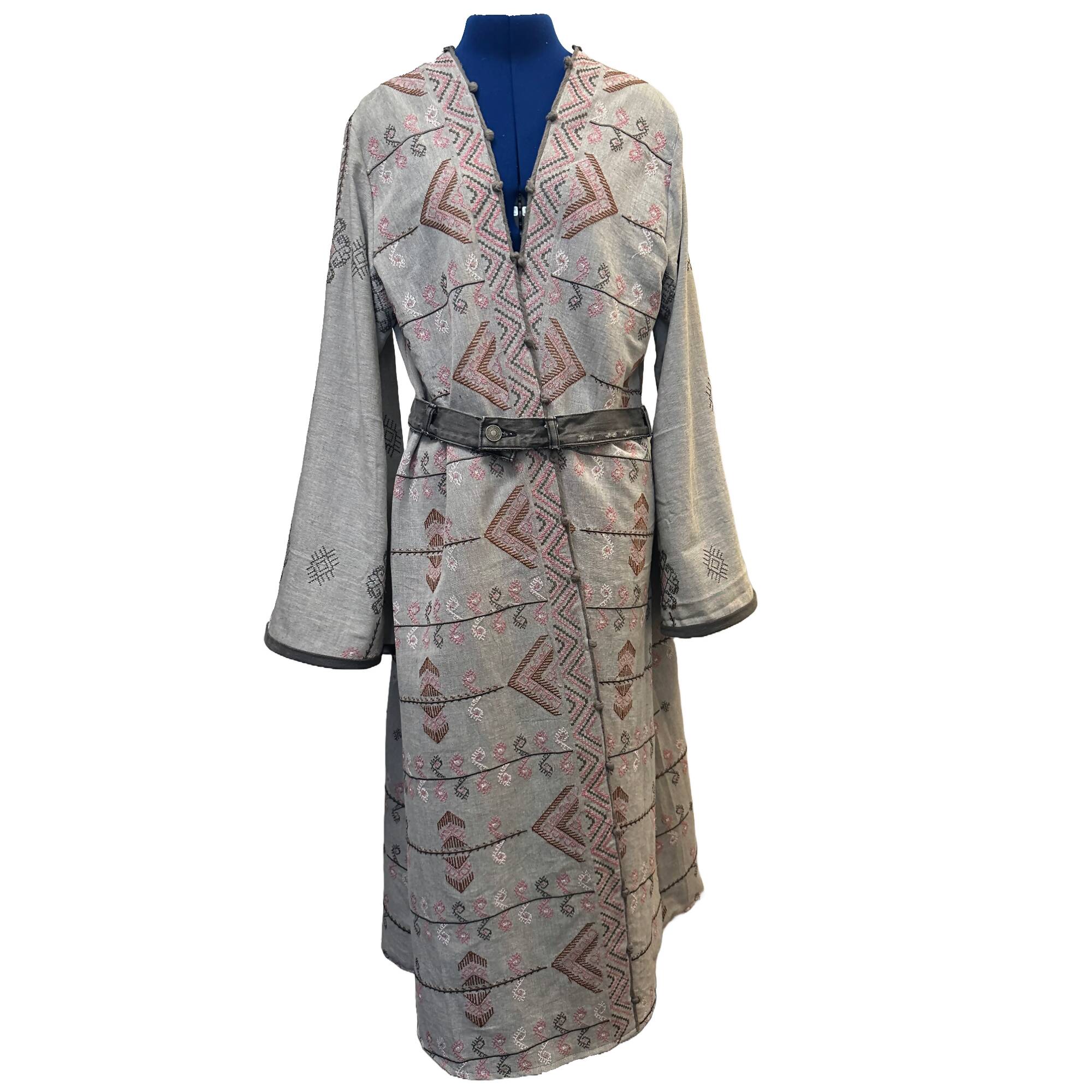 Grey Embroidered Duster with Denim Trim & Belt