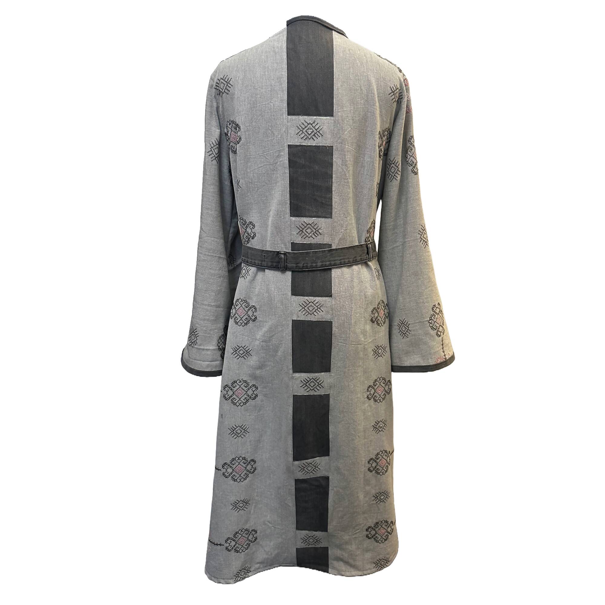 Grey Embroidered Duster with Denim Trim & Belt
