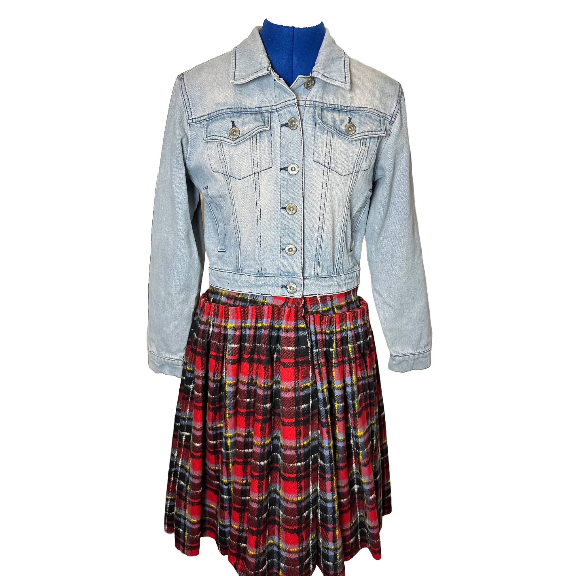Upcycled Denim Jean Jacket with Wool Plaid