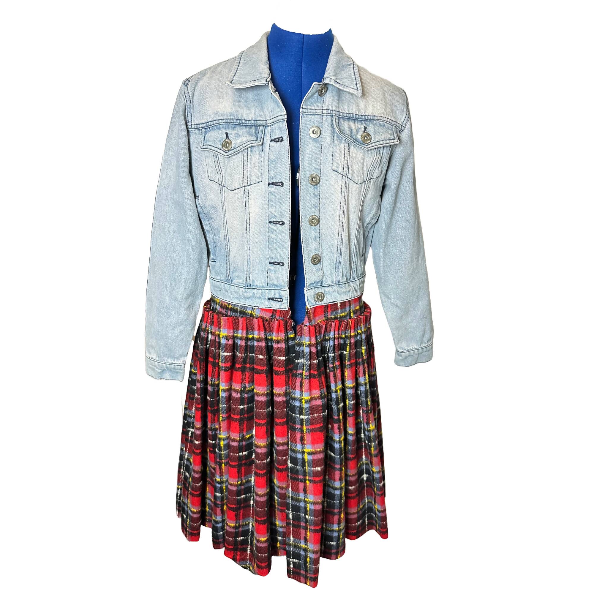 Upcycled Denim Jean Jacket with Wool Plaid