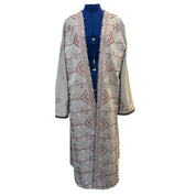 Grey Embroidered Duster with Denim Trim & Belt
