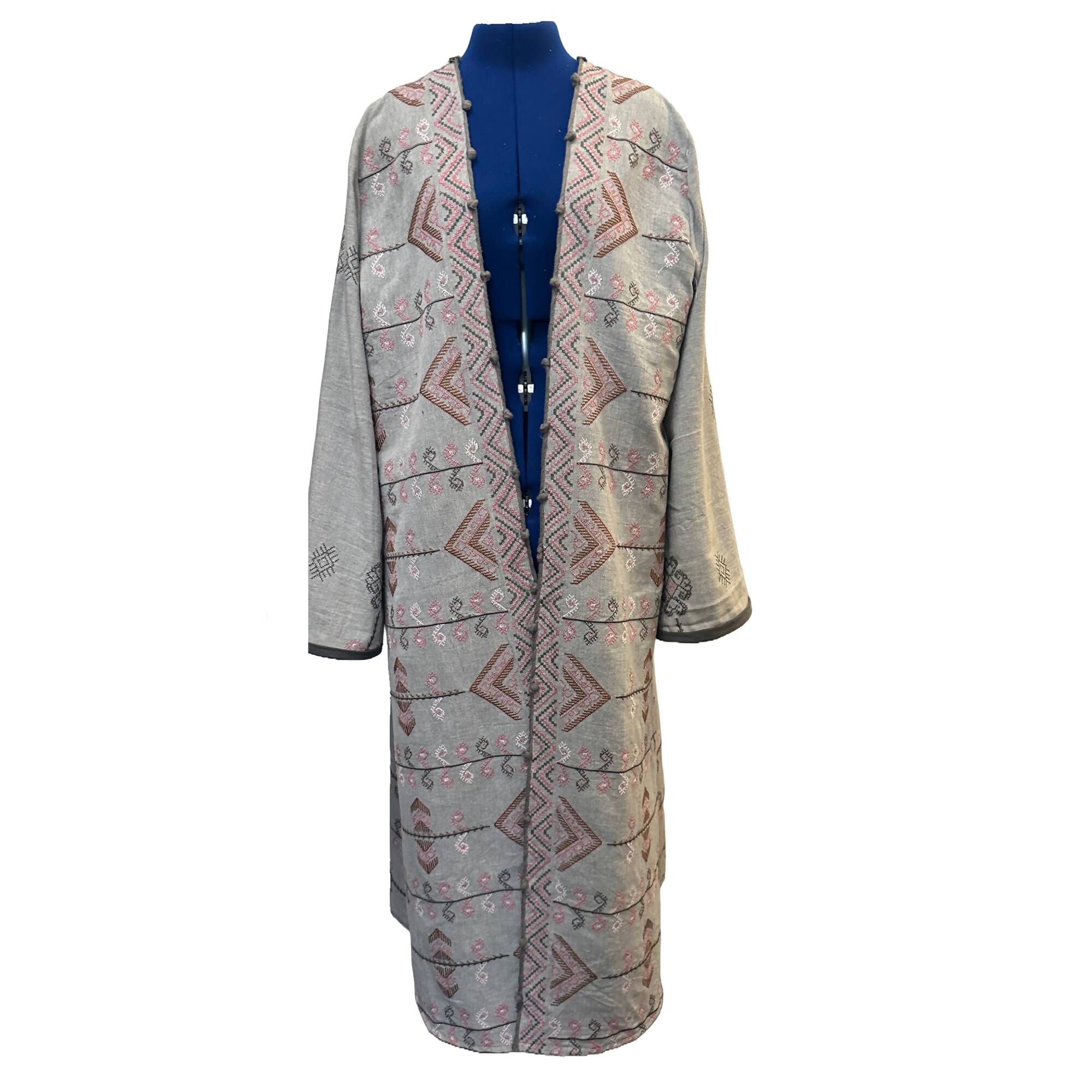 Grey Embroidered Duster with Denim Trim & Belt