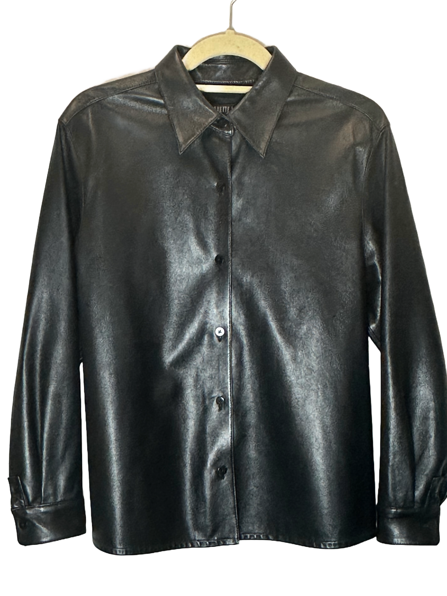 Black Leather Button-Up Shirt with T-Shirt Face