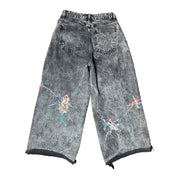 Acid Washed High Waist Wide Leg Denim Jeans with Scraps
