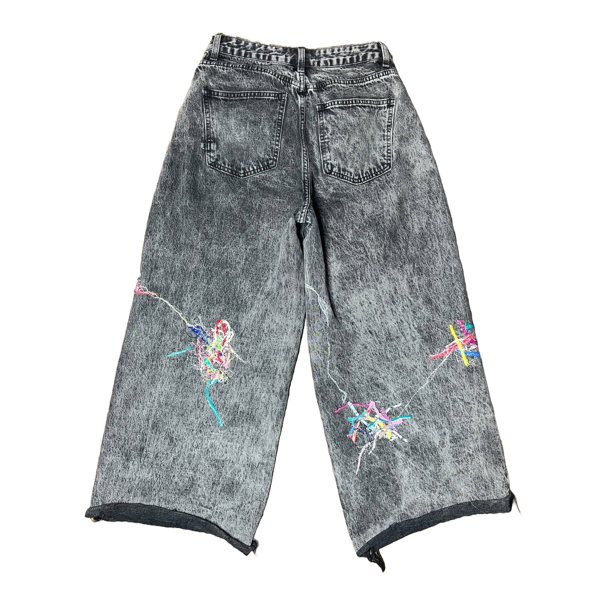 Acid Washed High Waist Wide Leg Denim Jeans with Scraps