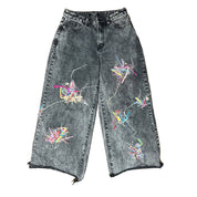 Acid Washed High Waist Wide Leg Denim Jeans with Scraps