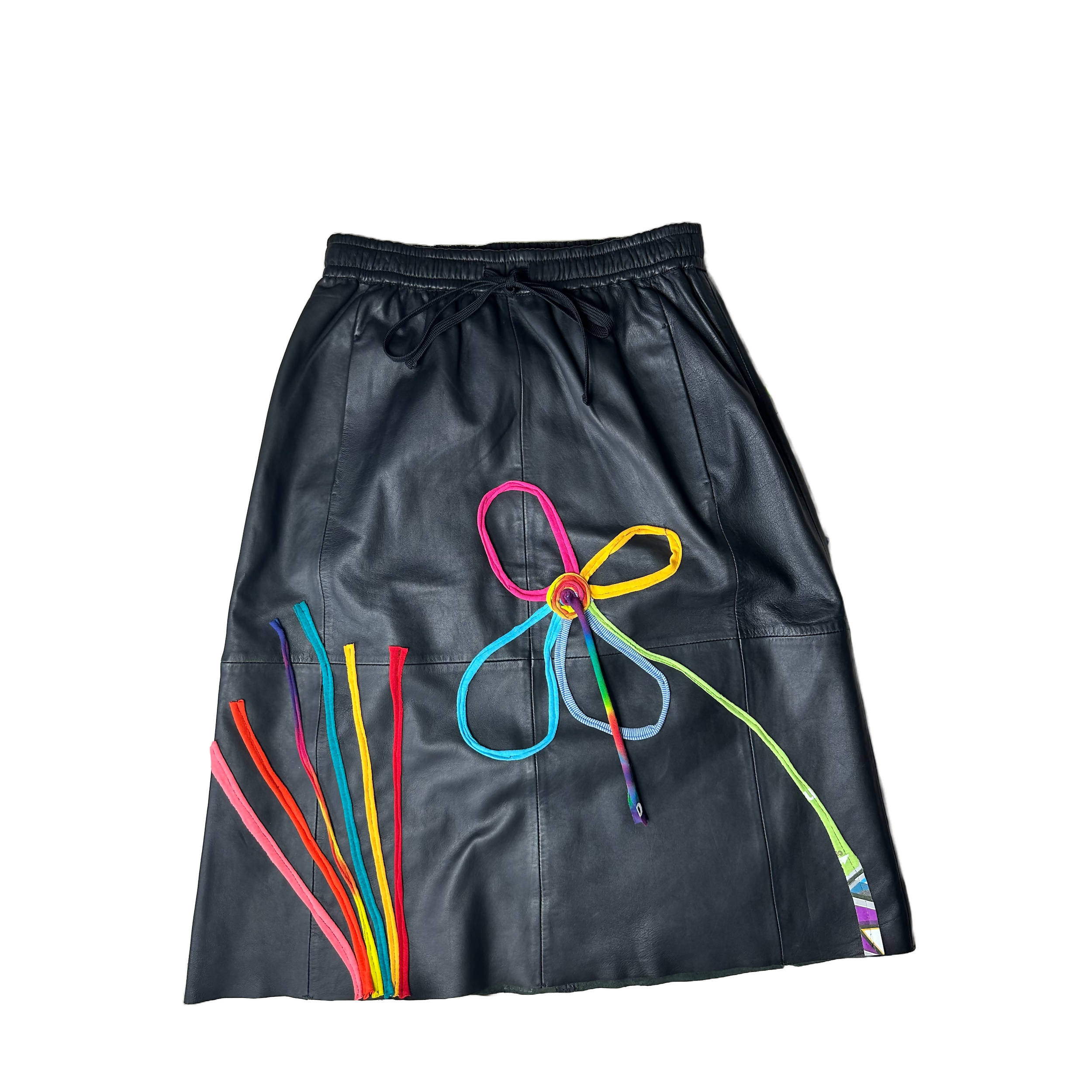 Blue Greenie Leather Skirt with T-Shirt Drawing Upcycle