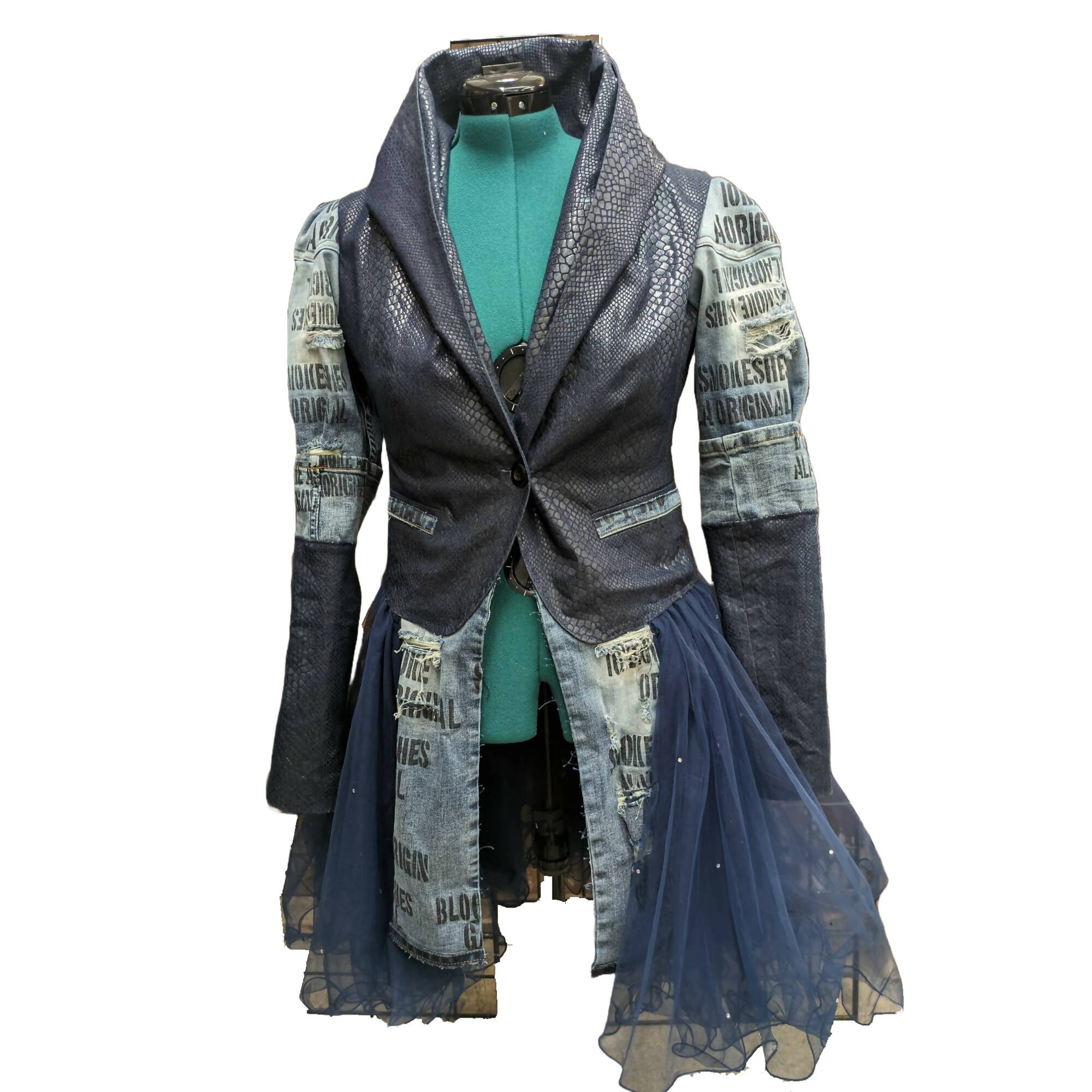 Hooded Faux Leather Denim Jacket w/Tulle skirt