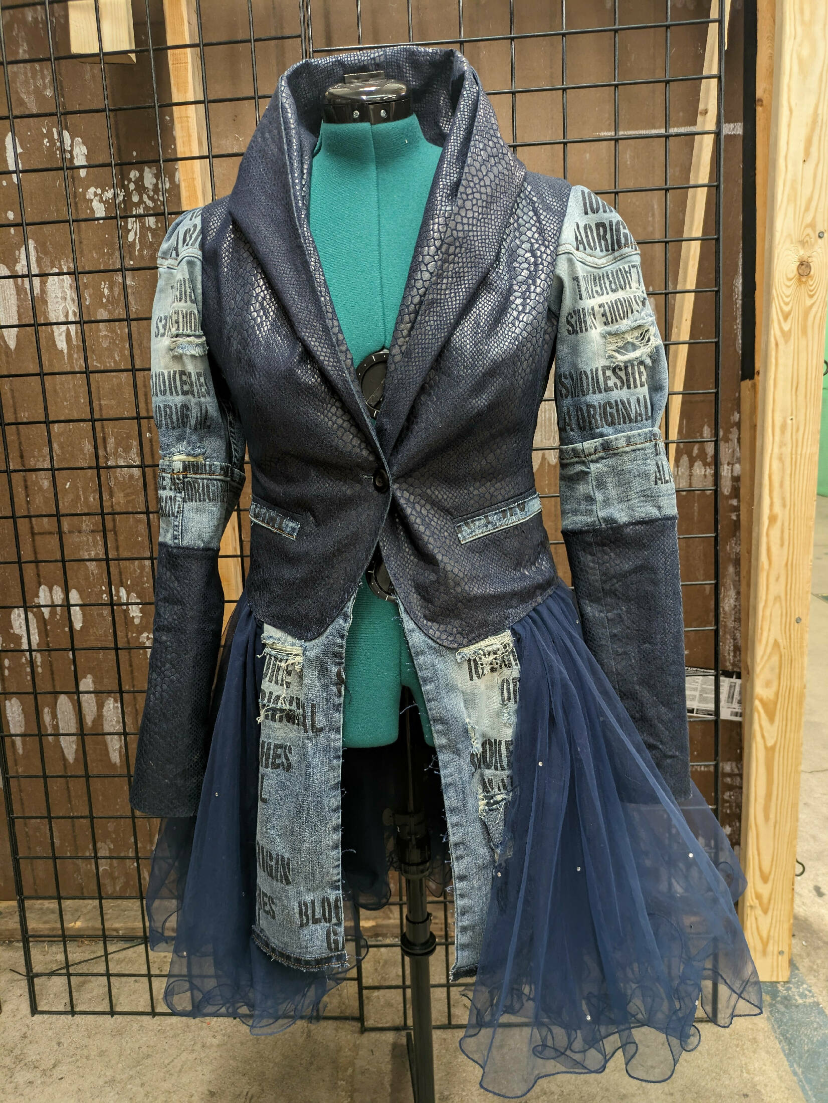 Hooded Faux Leather Denim Jacket w/Tulle skirt