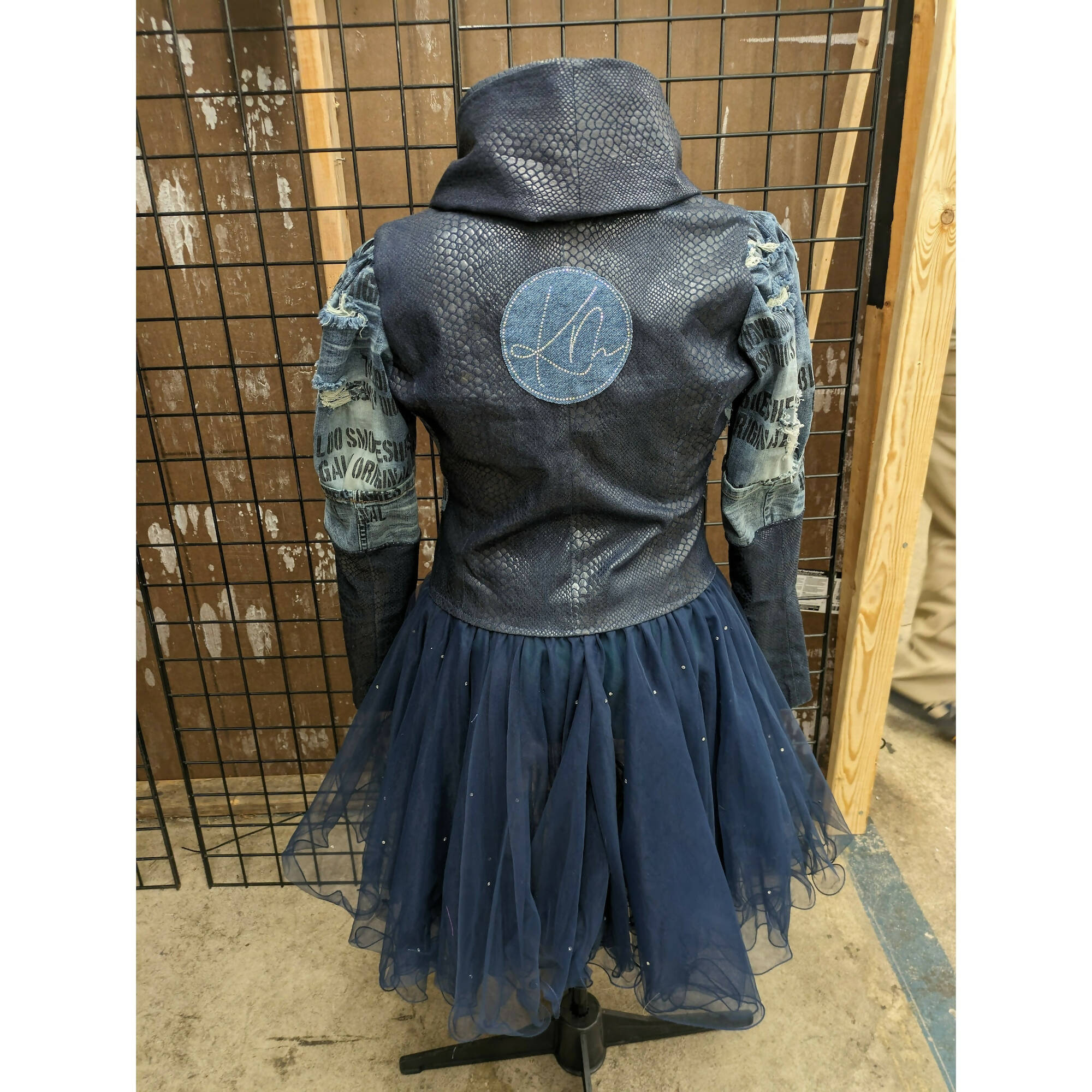 Hooded Faux Leather Denim Jacket w/Tulle skirt